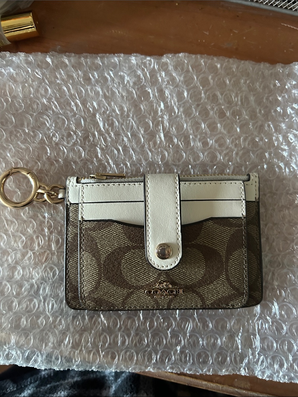 Coach Brown Signature Canvas Card Case with White Trim and Gold Hardware
